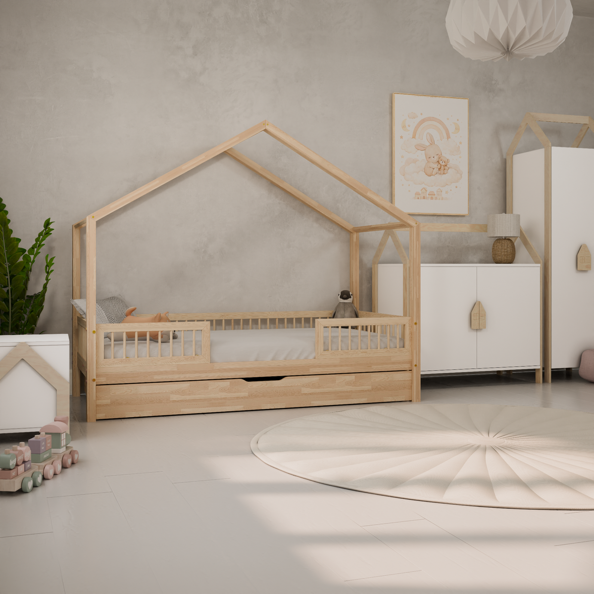 Husseng HOUSEBED Duo m. runde tremmer og skuffe