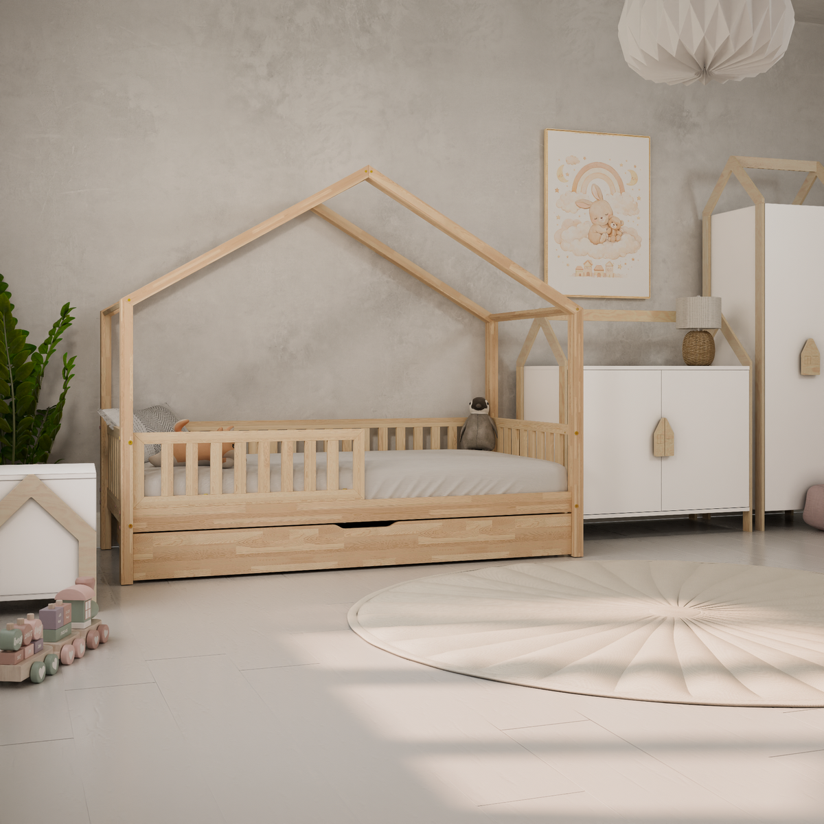 Husseng HOUSEBED m. aflange tremmer og skuffe